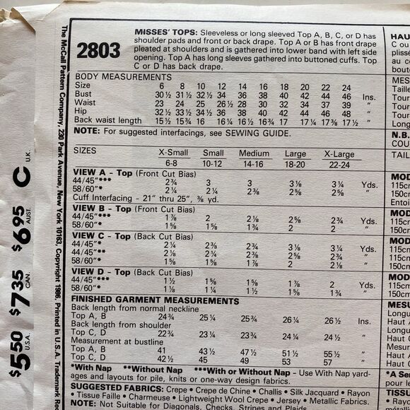 Vintage McCall’s Pattern 2803 Women’s Long Sleeve Tops Size 14-16 Medium Uncut - Picture 8 of 10